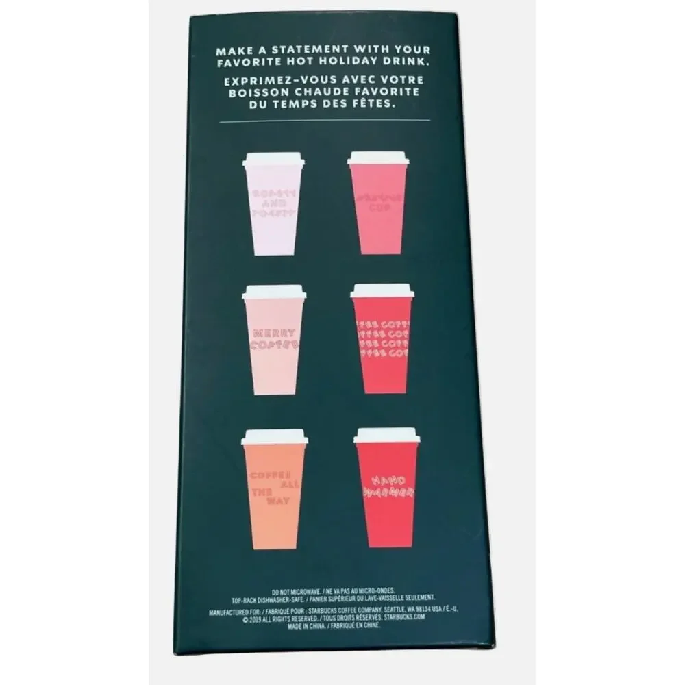 Starbucks 2019 Winter Holiday Christmas Reusable Hot Coffee Cups 6 Pack w/ Lids
